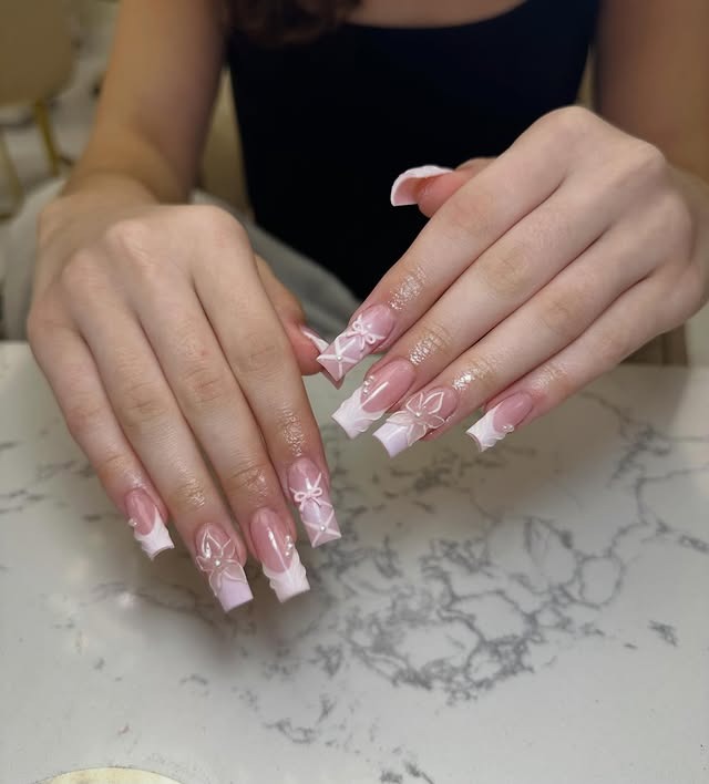 6. Square Pink French with 3D Bow Accents - school nail ideas