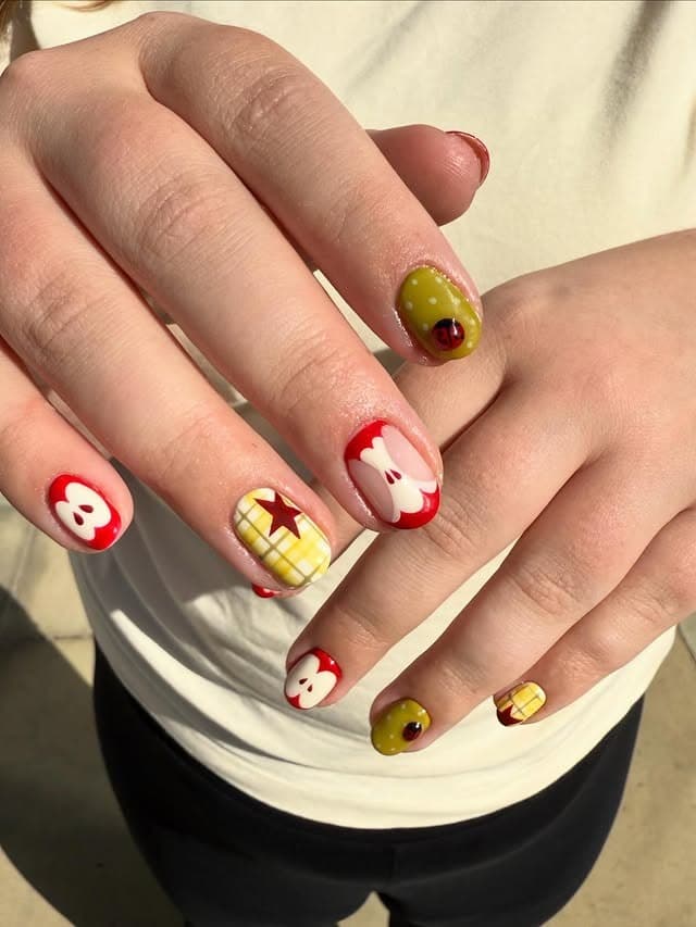 7. Short Round Apple and Plaid Nail Art in Red and Yellow - school nail ideas