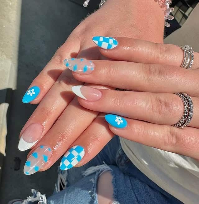 8. Almond Blue Checkerboard and Floral Mix - school nail ideas