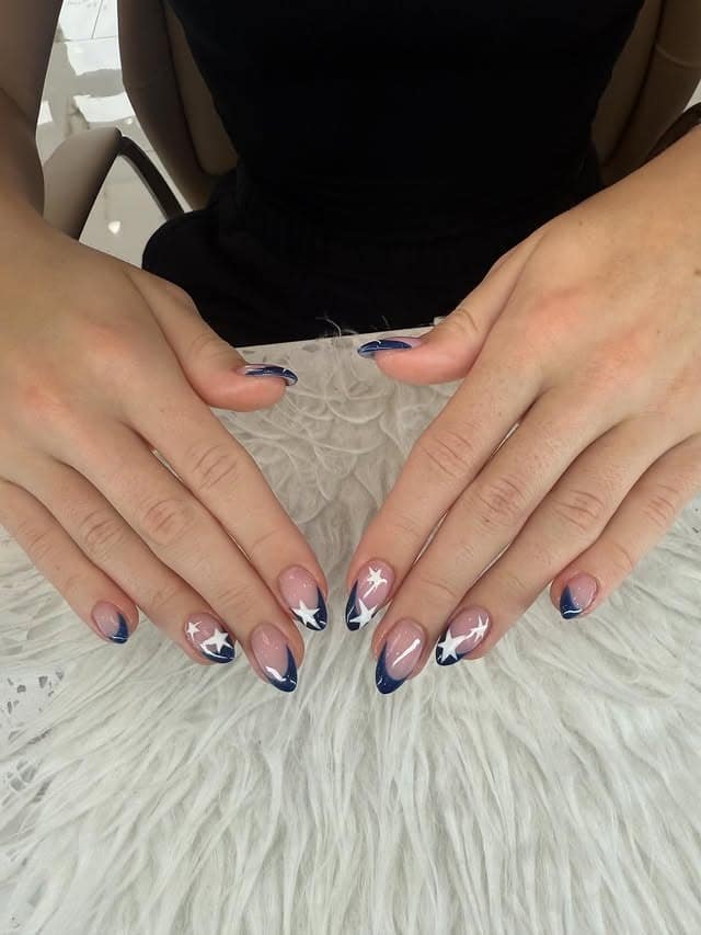 15. Almond Navy and White Star French Tips - school nail ideas