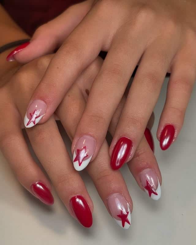17. Almond Red and White Star Accent Nails - school nail ideas