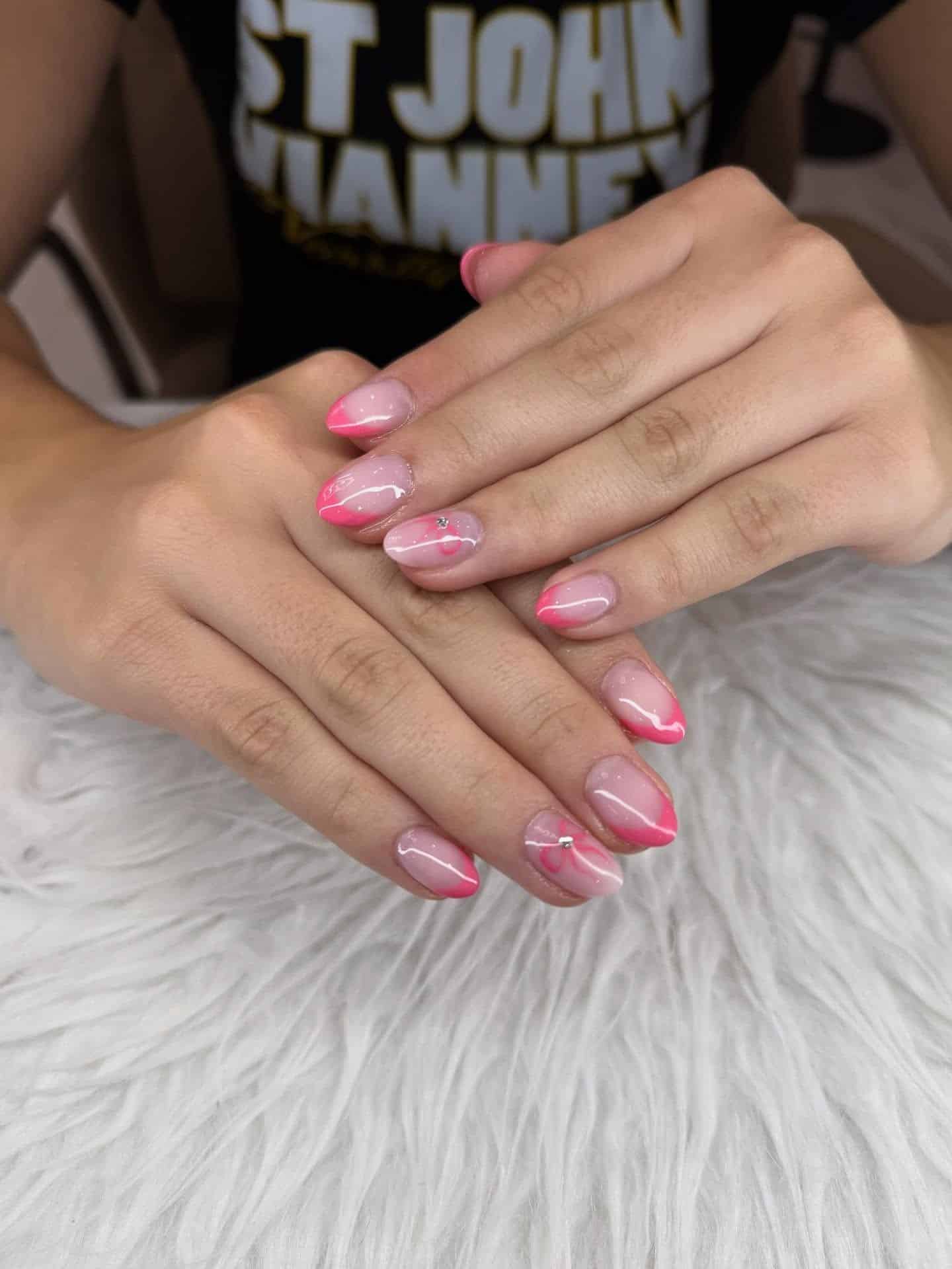 18. Short Oval Pink Gradient French with Minimal Line Art - school nail ideas