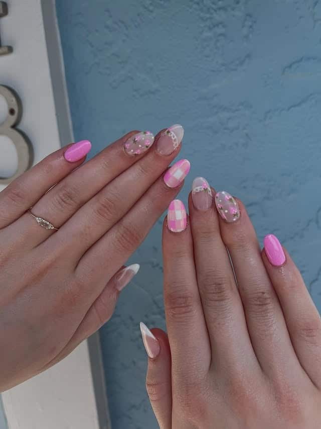 22. Almond Pink Gingham and Floral Accent Nails - school nail ideas