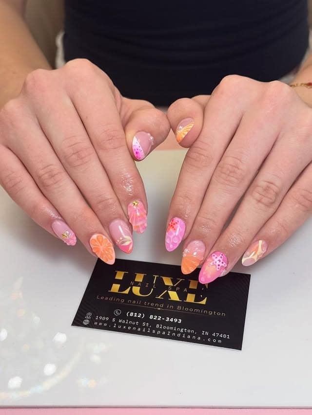 10. Almond Pink and Orange Citrus-Inspired Nail Art - school nail ideas