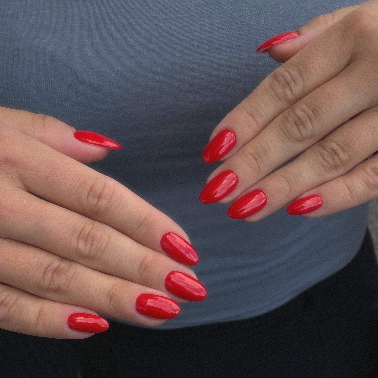 7. Bright Cherry Red Almond Nails - old money nail ideas