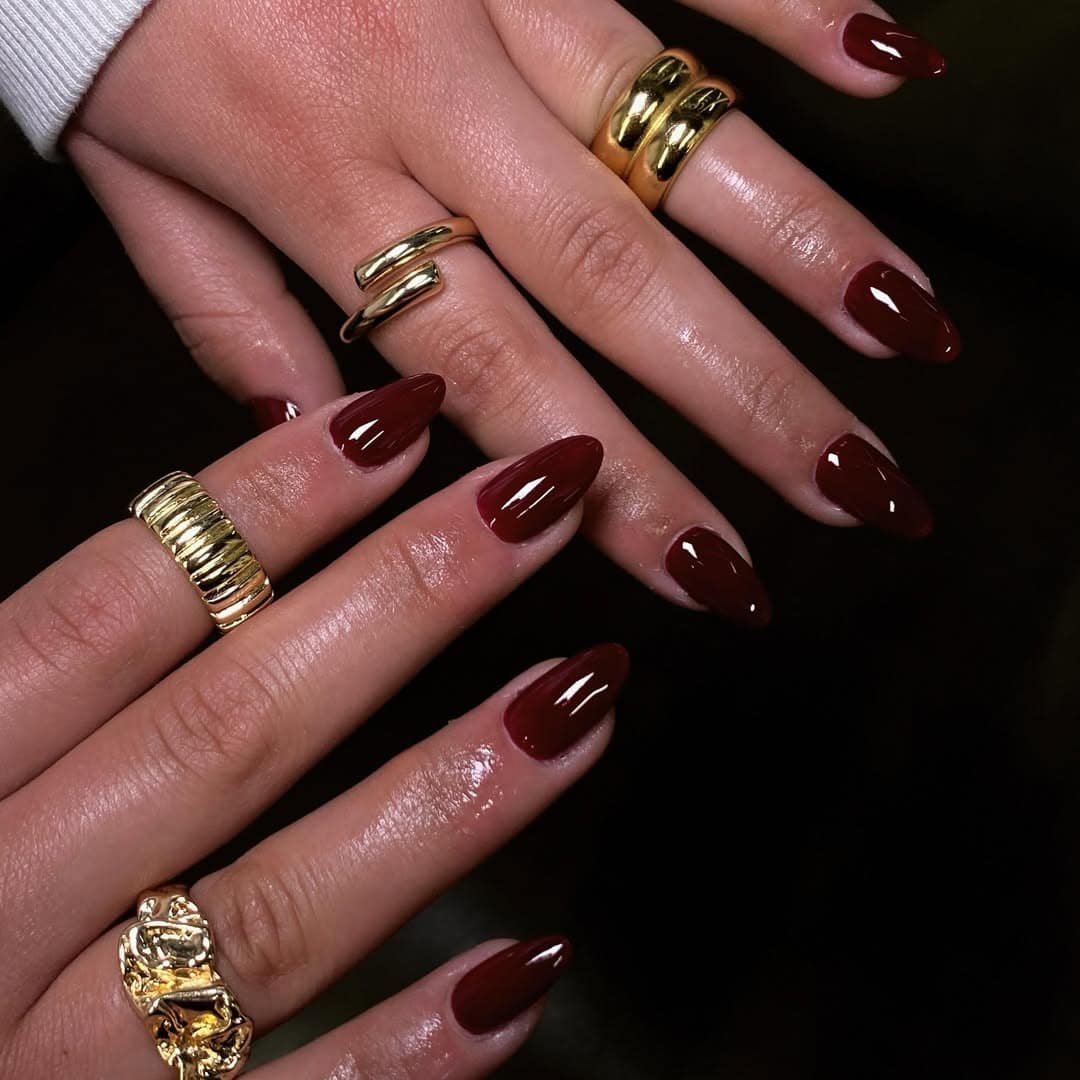 14. Deep Wine Almond Nails with High Gloss - old money nail ideas