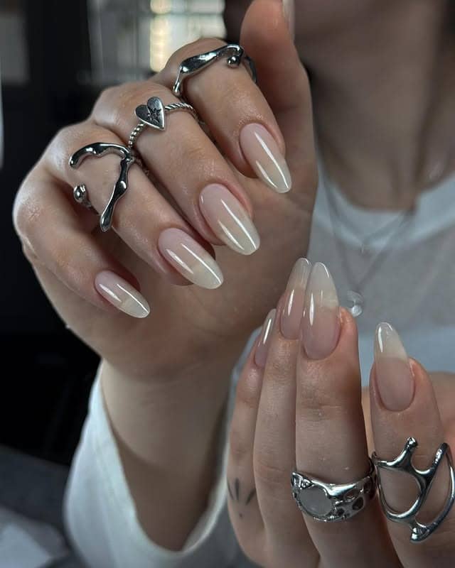 22. Milky Nude Almond Ombre Nails with High Shine - old money nail ideas