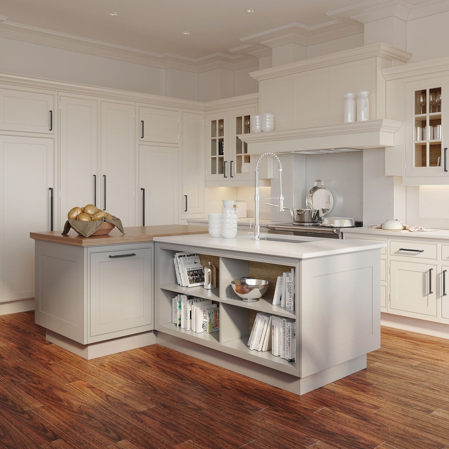 8. Cream Kitchen with Open Shelf Island Storage - cream kitchen cabinet ideas