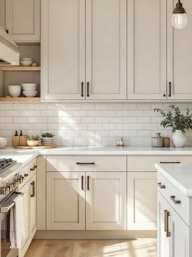 19. Classic Cream Kitchen with Subway Tile and Warm Wood Floors - cream kitchen cabinet ideas