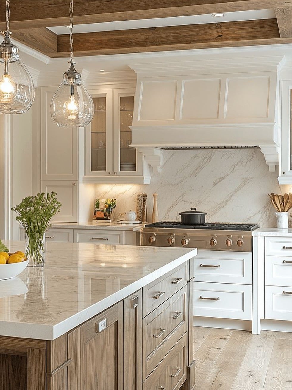22. Classic Cream Kitchen with Warm Wood Accents and Marble Details - cream kitchen cabinet ideas