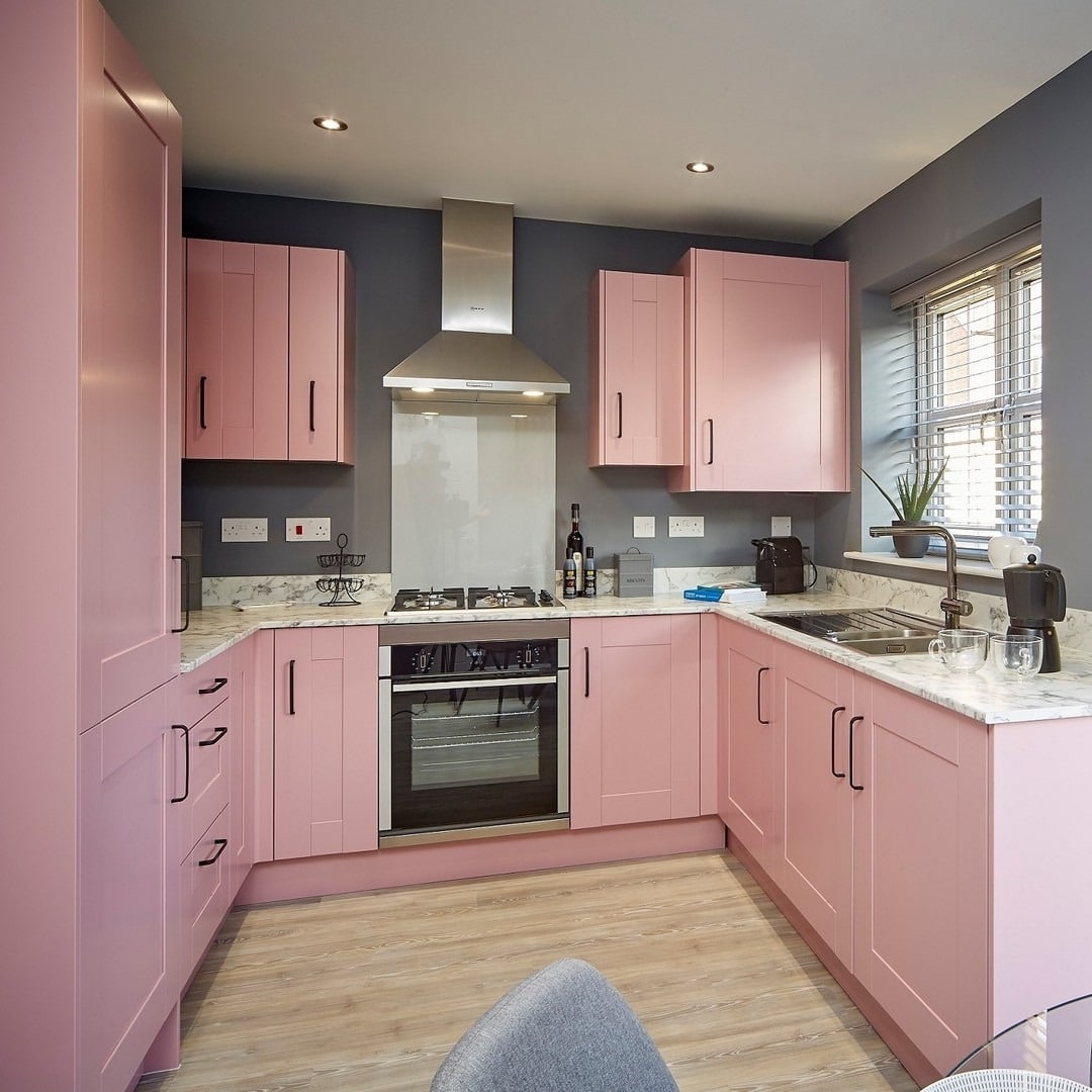 3. Dusty Rose Modern Kitchen with Charcoal Contrast - pink kitchen ideas