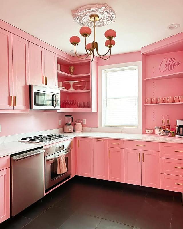 4. Vibrant Pink Statement Kitchen with Gold Accents - pink kitchen ideas
