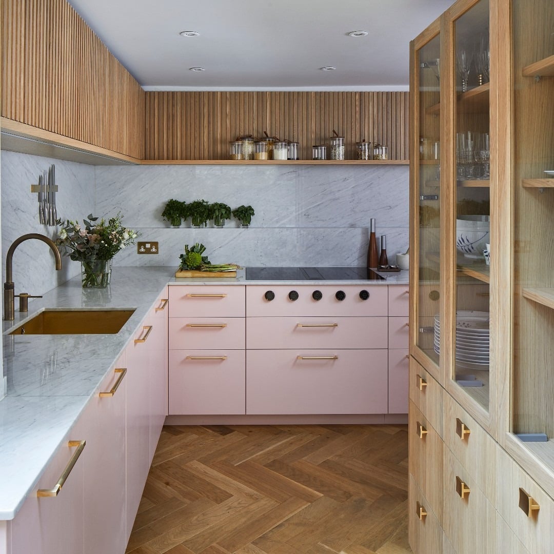 9. Soft Beige-Pink Kitchen with Marble Backsplash - pink kitchen ideas