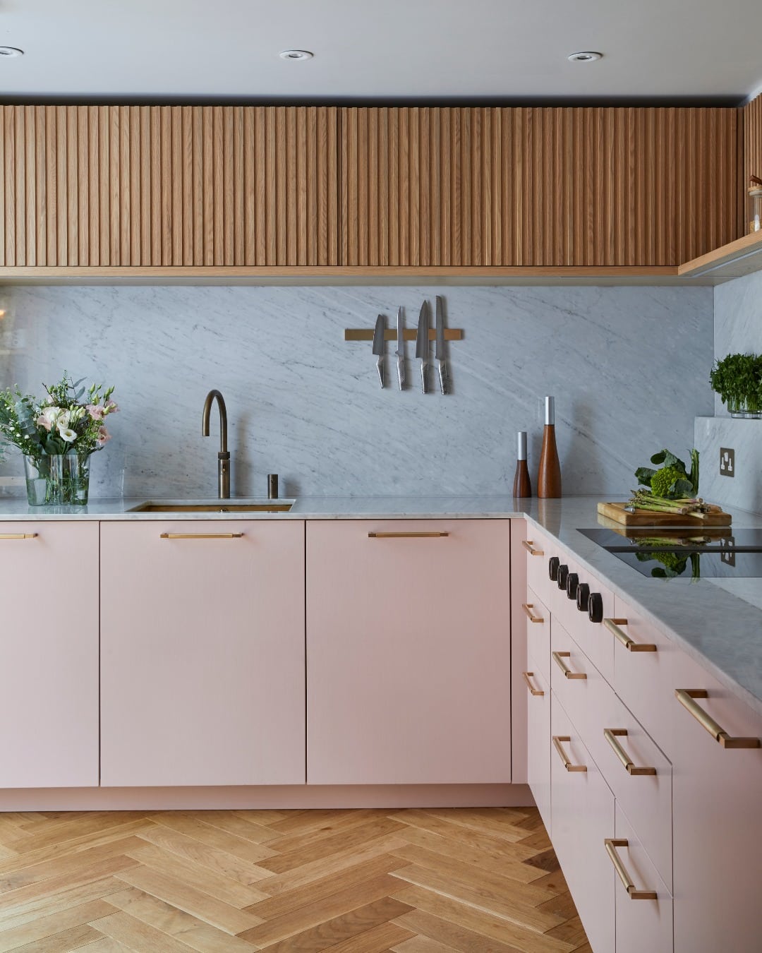 10. Pale Pink Contemporary Kitchen with Wood Slat Feature - pink kitchen ideas