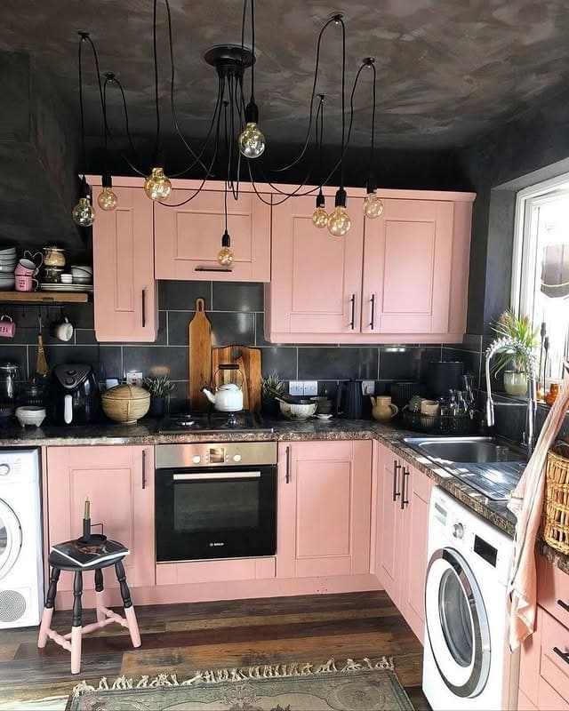 15. Blush Pink Kitchen with Moody Black Accents - pink kitchen ideas