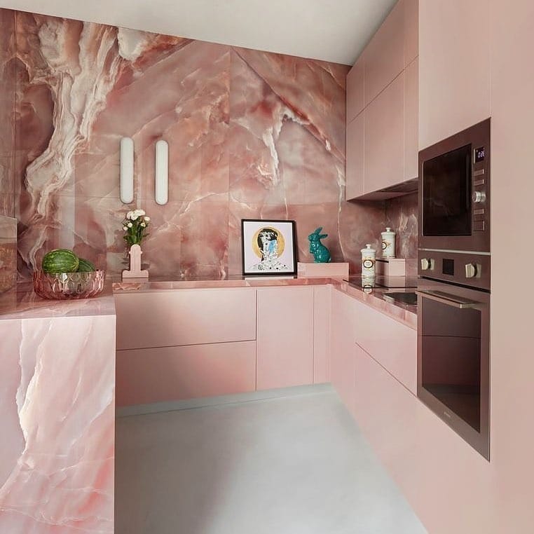 18. Blush Pink Kitchen with Marble Feature Walls - pink kitchen ideas