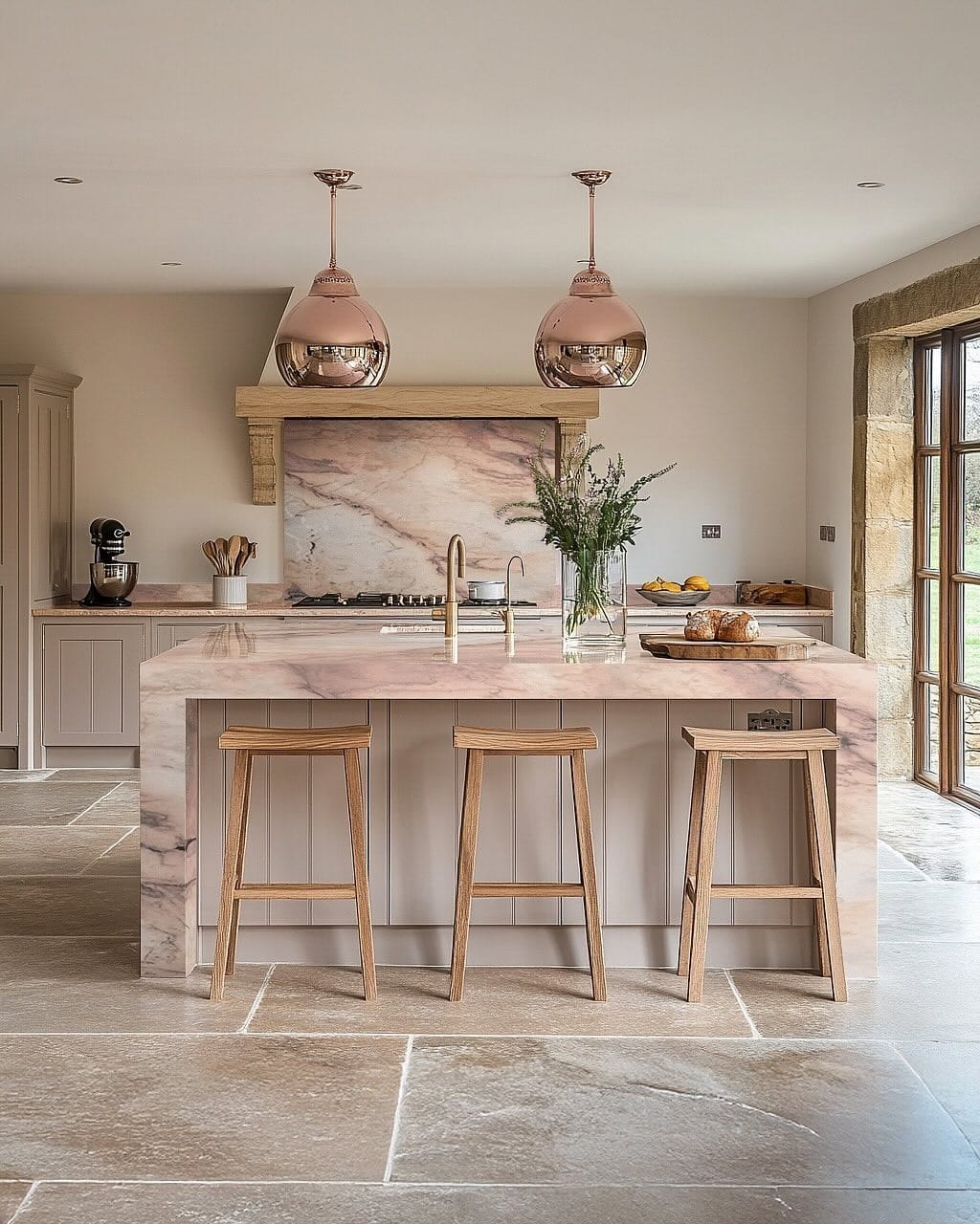 21. Blush Marble Island Kitchen with Natural Stone Flooring - pink kitchen ideas