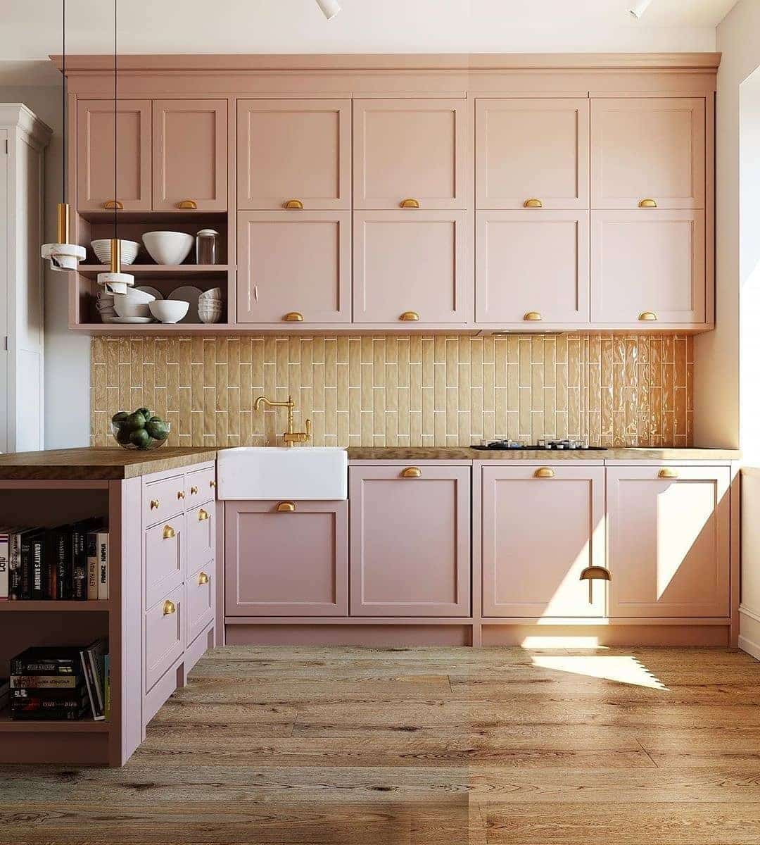 22. Soft Pink Shaker Kitchen with Mustard Tile Backsplash - pink kitchen ideas