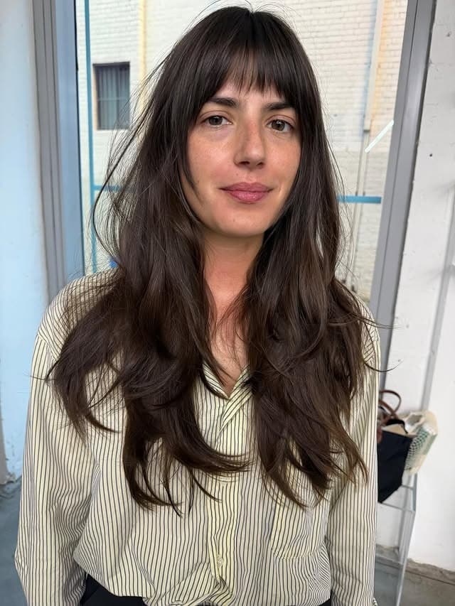 11. Soft Chocolate Brown Long Wolf Cut with Wispy Fringe - Wolf Haircut