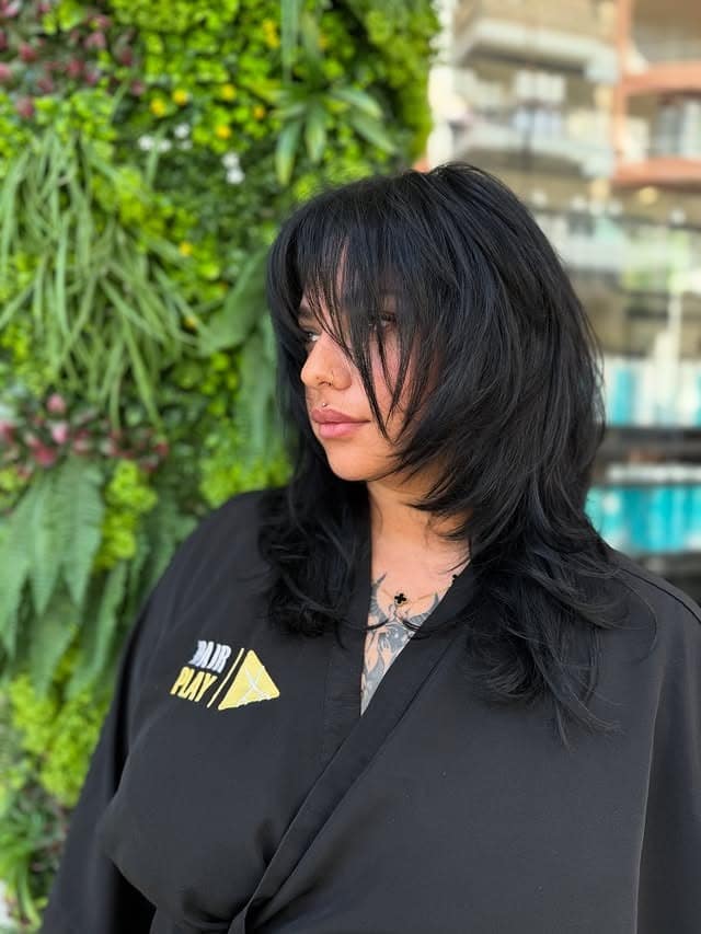 21. Jet Black Layered Wolf Cut with Full Fringe - Wolf Haircut