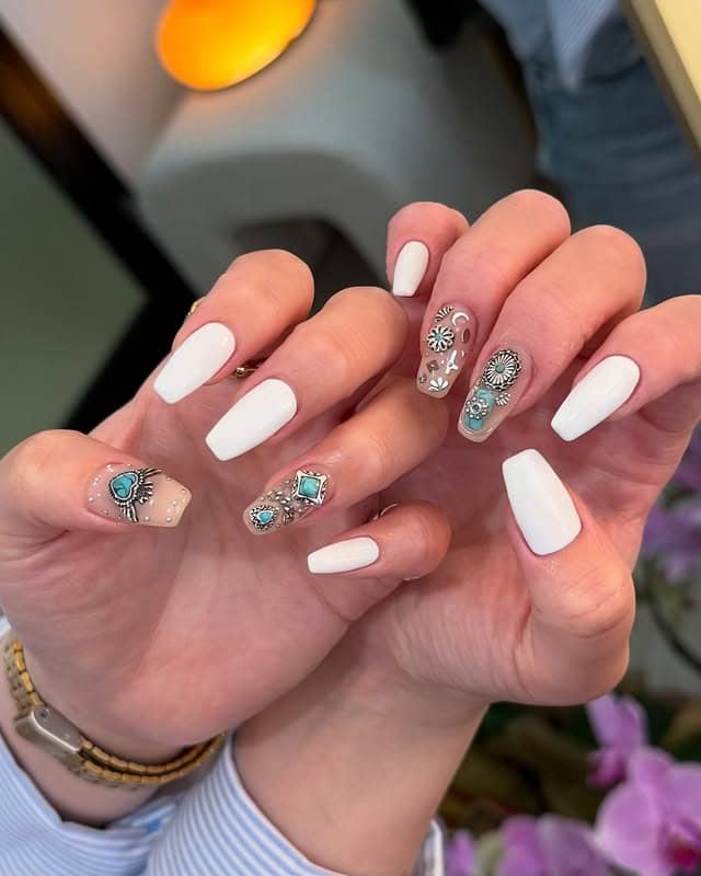 6. Matte White Coffin Nails with Turquoise Embellishments - white nail ideas