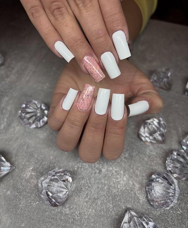 7. White Square Nails with Rose Gold Glitter Accent - white nail ideas