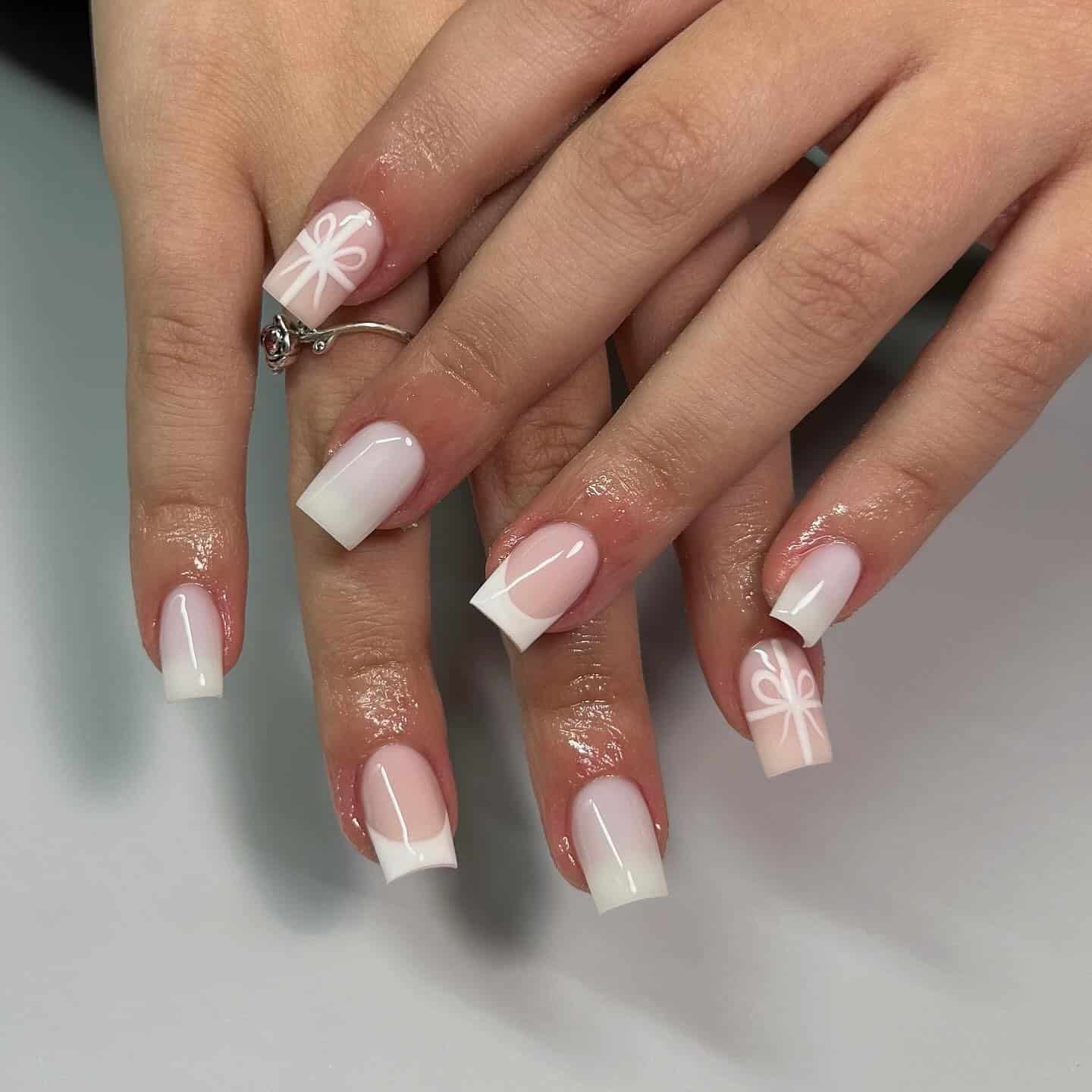 8. Soft Pink and White French Tip Square Nails with Bow Art - white nail ideas