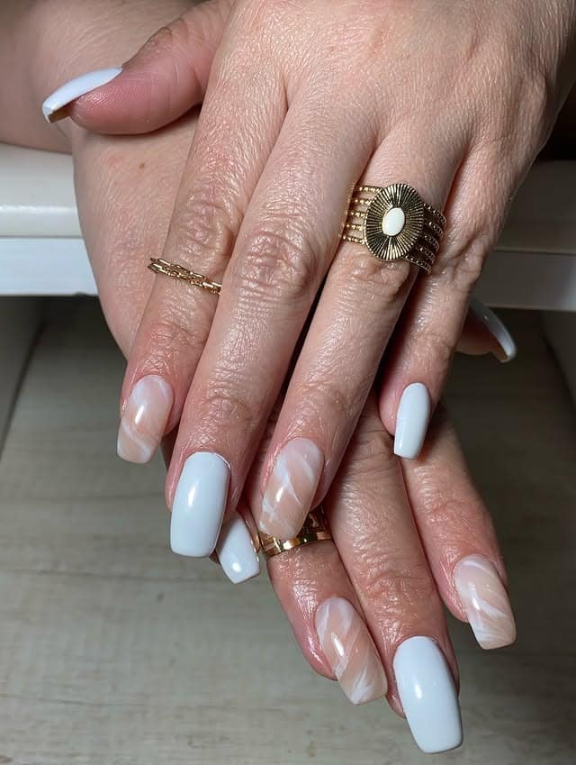 10. White and Marble Accent Square Nails - white nail ideas