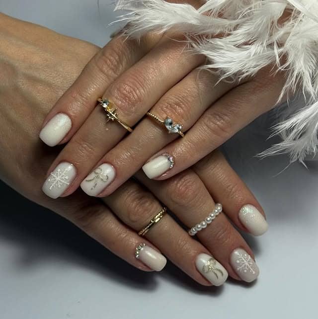 15. Soft White Short Square Nails with Winter-Inspired Art - white nail ideas