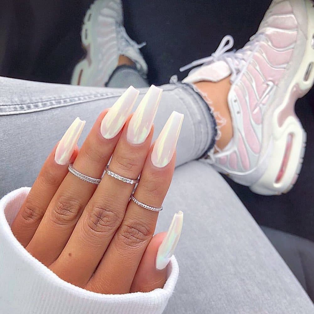 18. Iridescent White Coffin Nails with Chrome Finish - white nail ideas