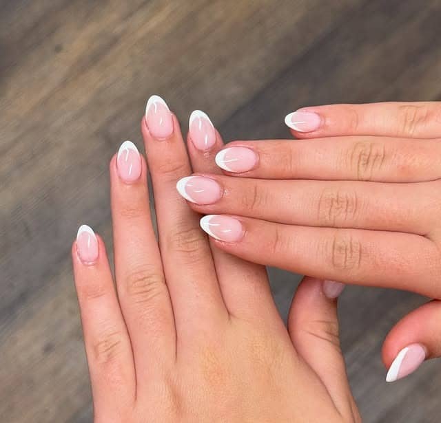 21. Soft Pink and White Micro French Almond Nails - white nail ideas