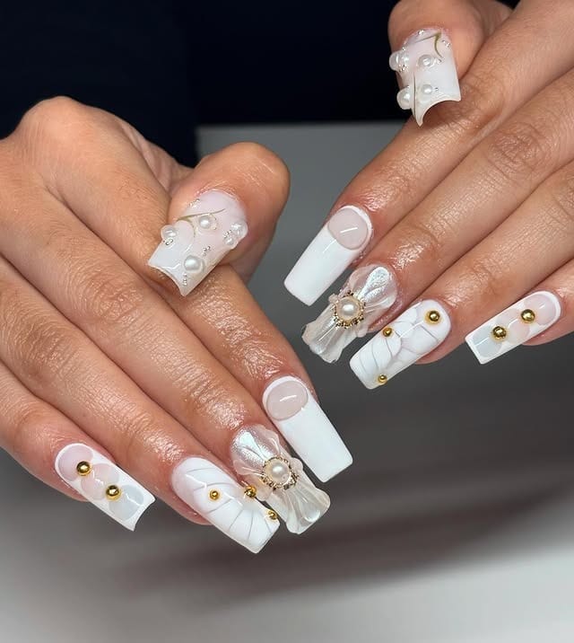 22. 3D White Coffin Nails with Pearl and Gold Embellishments - white nail ideas