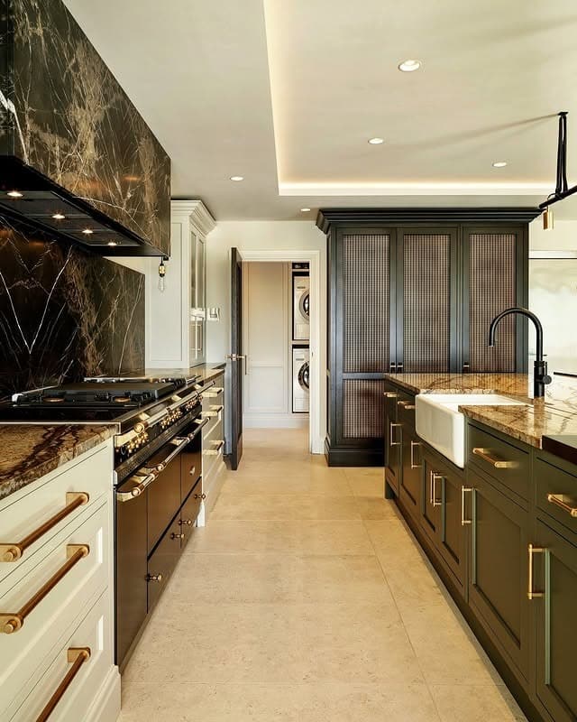 3. Classic Contrast Kitchen in Deep Green and Marble - luxury kitchen ideas