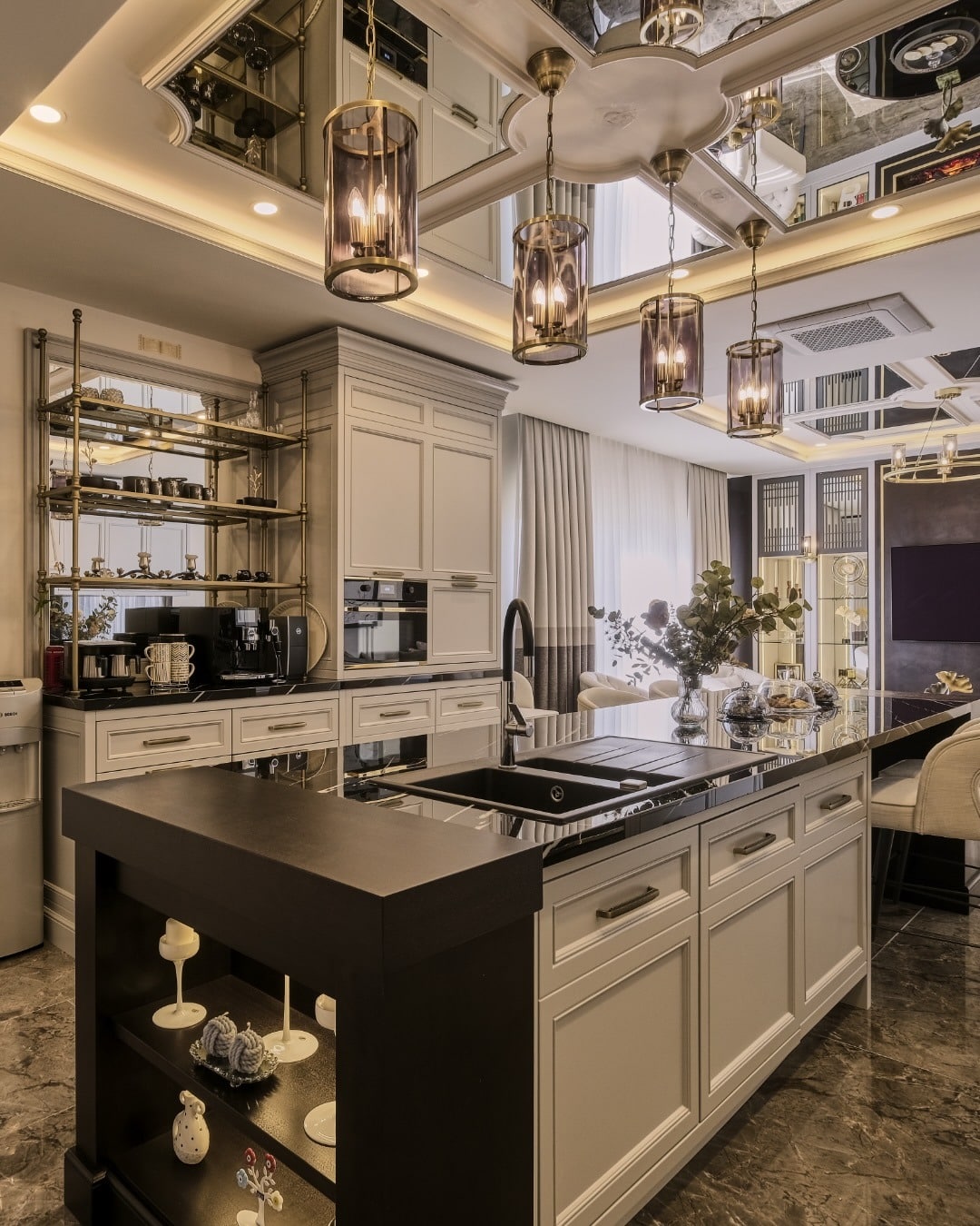 9. Soft Modern Kitchen with White Marble and Open Shelving - luxury kitchen ideas