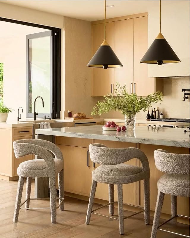 11. Soft Beige Kitchen with Black and Brass Pendant Contrast - luxury kitchen ideas