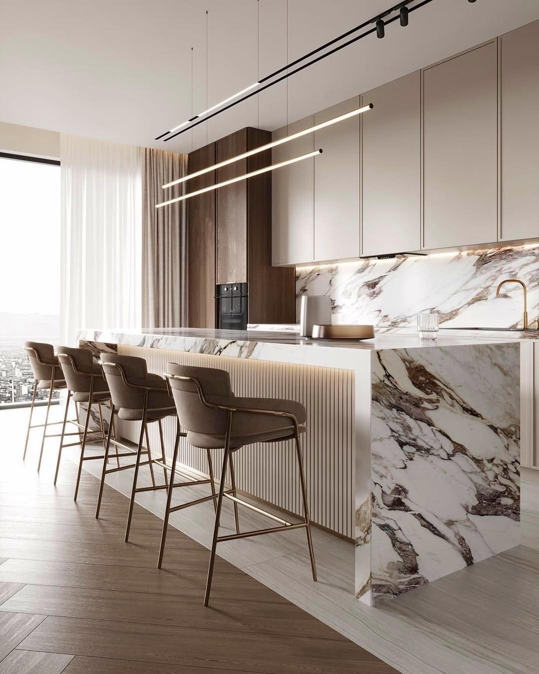 14. Contemporary White and Taupe Kitchen with Linear Lighting - luxury kitchen ideas