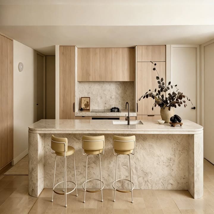 15. Minimalist Light Wood Kitchen with Rounded Marble Island - luxury kitchen ideas