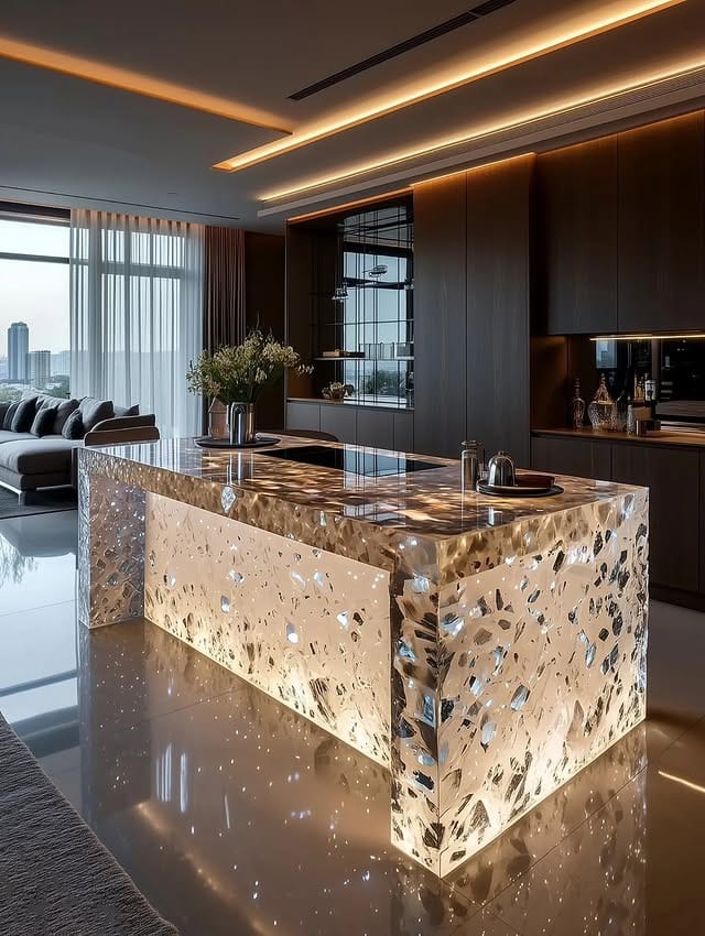 16. Modern Luxe Kitchen with Illuminated Crystal Island - luxury kitchen ideas