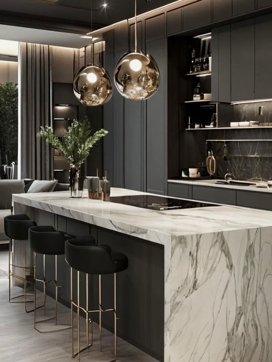 19. Modern Glam Kitchen with Marble and Glass Pendant Lighting - luxury kitchen ideas
