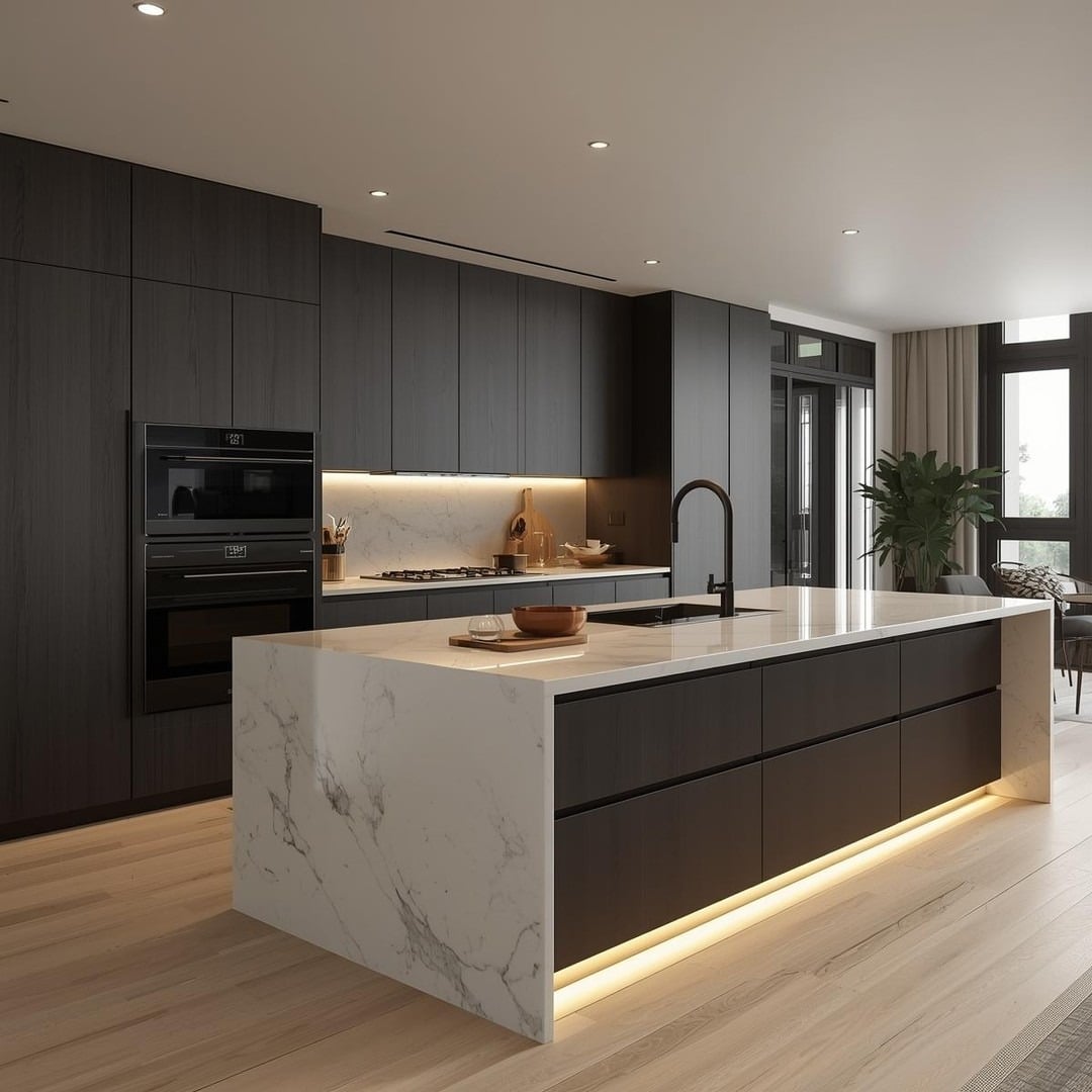 21. Modern Dark Wood Kitchen with White Marble Waterfall Island - luxury kitchen ideas