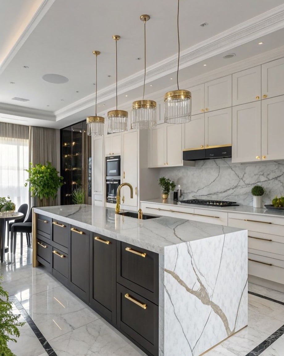 22. Classic White and Black Kitchen with Gold Accents - luxury kitchen ideas