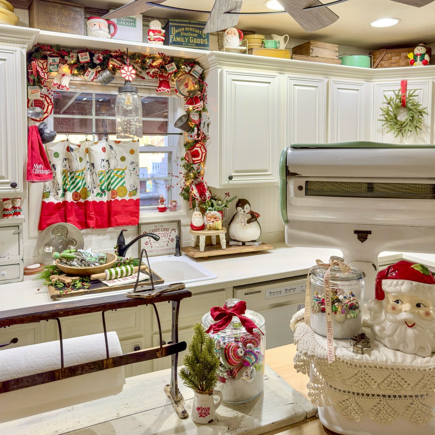 2. Vintage Red and White Cottage Christmas Kitchen - christmas decor kitchen ideas