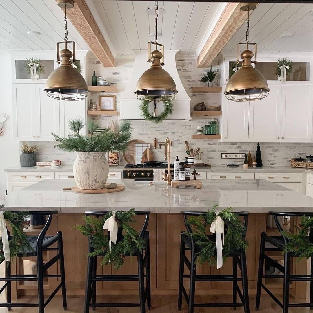 3. Modern Farmhouse Green and Brass Holiday Kitchen - christmas decor kitchen ideas