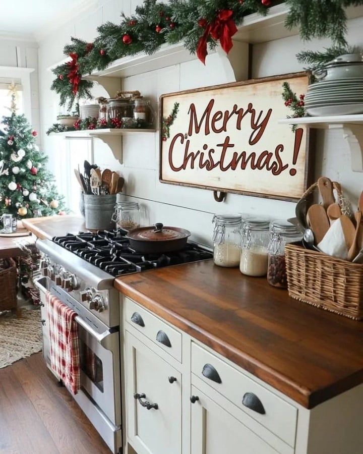 4. Rustic Cream and Wood Christmas Kitchen with Statement Sign - christmas decor kitchen ideas