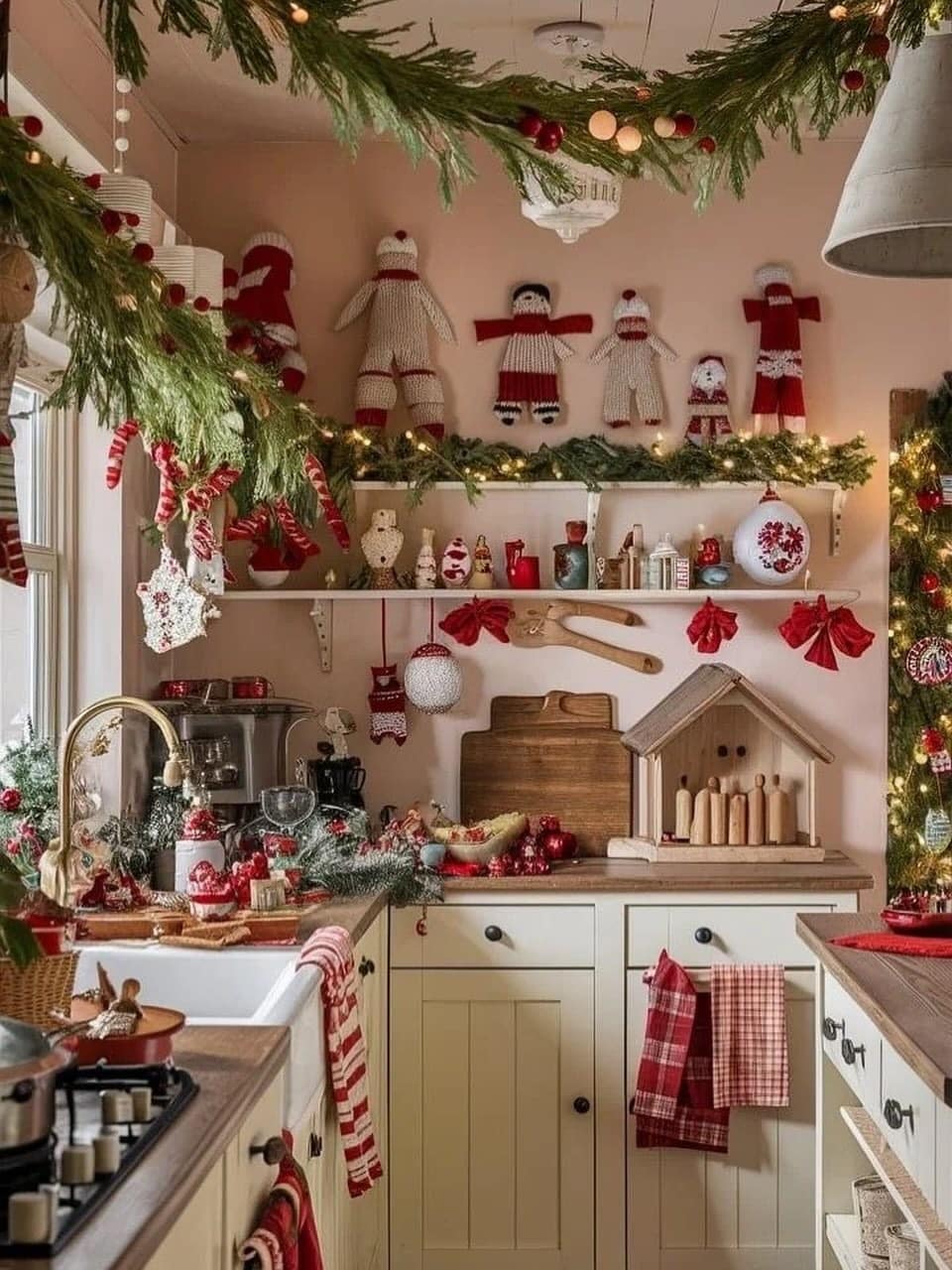 5. Cozy Red and Natural Wood Festive Kitchen - christmas decor kitchen ideas
