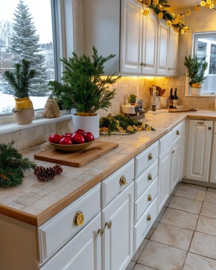 6. Bright White Kitchen with Fresh Greenery and Citrus Accents - christmas decor kitchen ideas