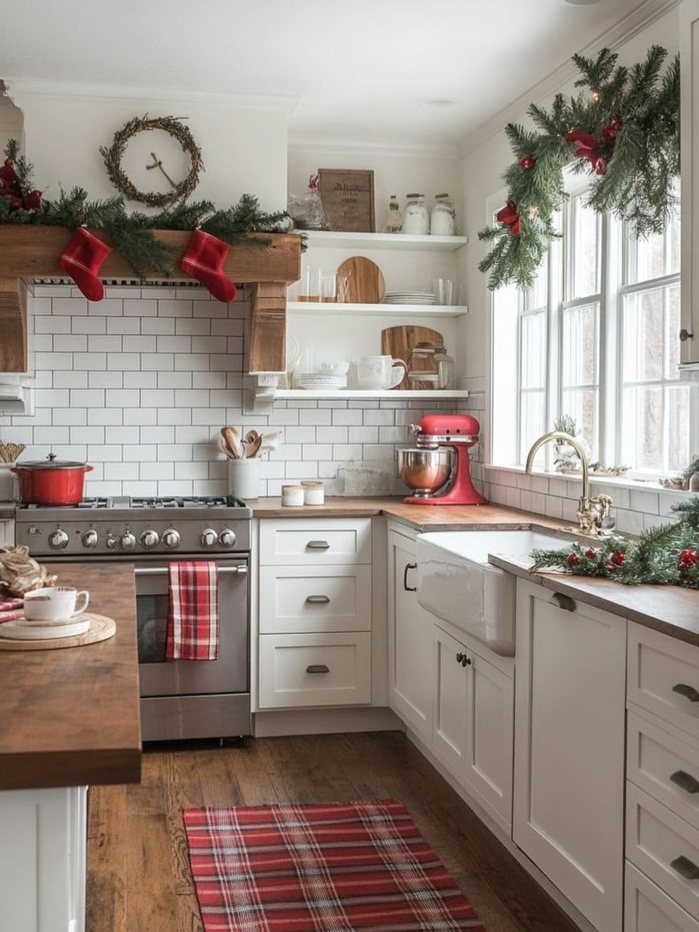 7. Classic White and Red Farmhouse Christmas Kitchen - christmas decor kitchen ideas