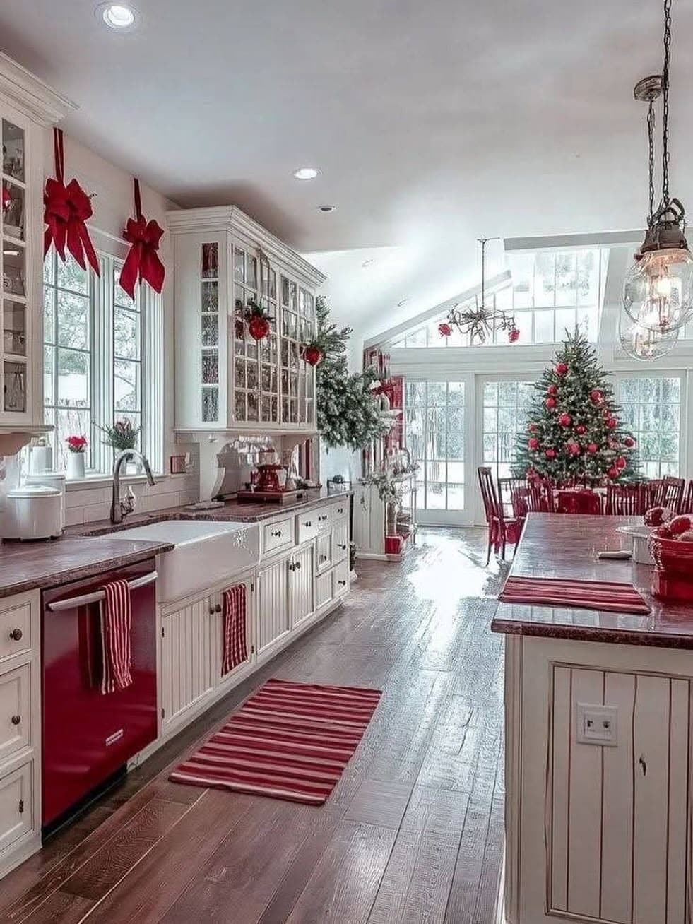 9. Bright Open Kitchen with Red Holiday Accents and Natural Light - christmas decor kitchen ideas