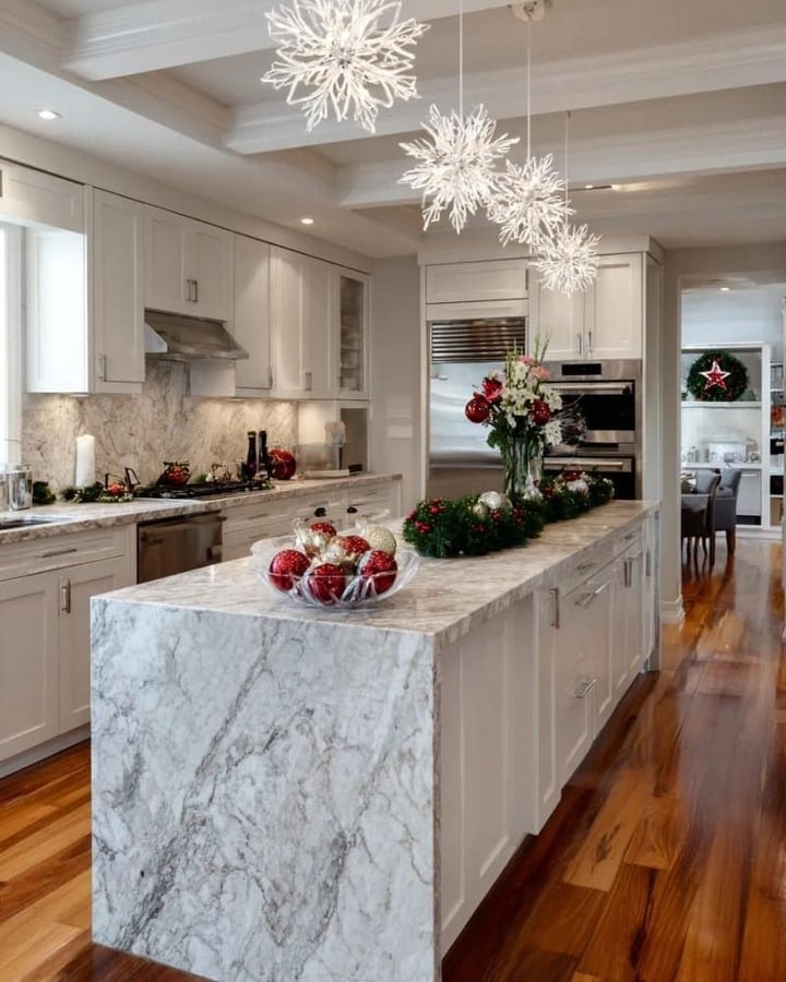 10. Luxe Marble and White Kitchen with Subtle Christmas Greenery - christmas decor kitchen ideas