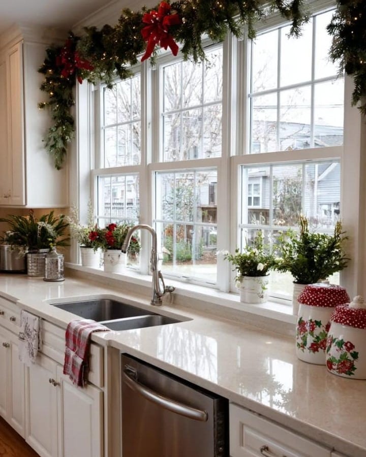 15. Airy White Kitchen with Window Garland and Classic Red Touches - christmas decor kitchen ideas